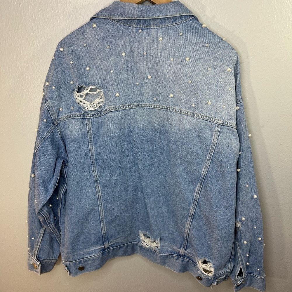 Free People Sunday Funday Pearl Studded Denim Jacket Womens Size M Distressed - Picture 5 of 11